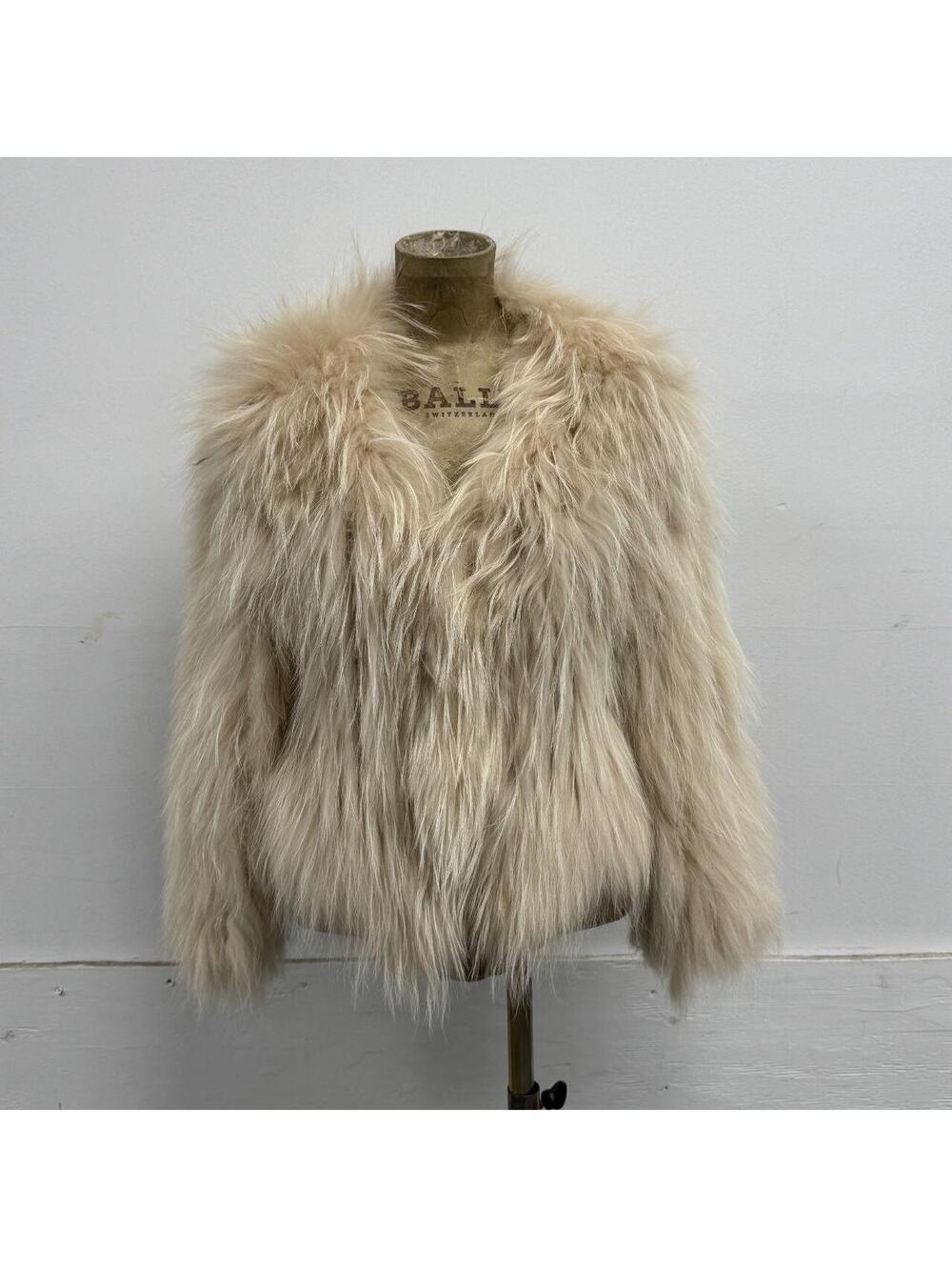 Vintage Knitted Champagne Genuine Raccoon Fur Cropped Jacket Coat
